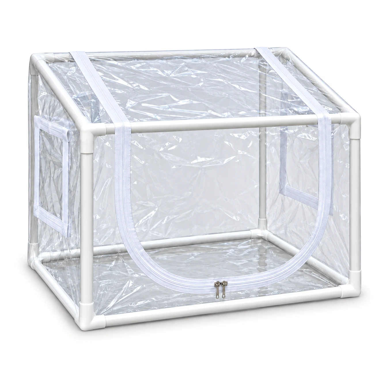Mini serre compacte à armature blanche et housse transparente, ouverture frontale en U fermée