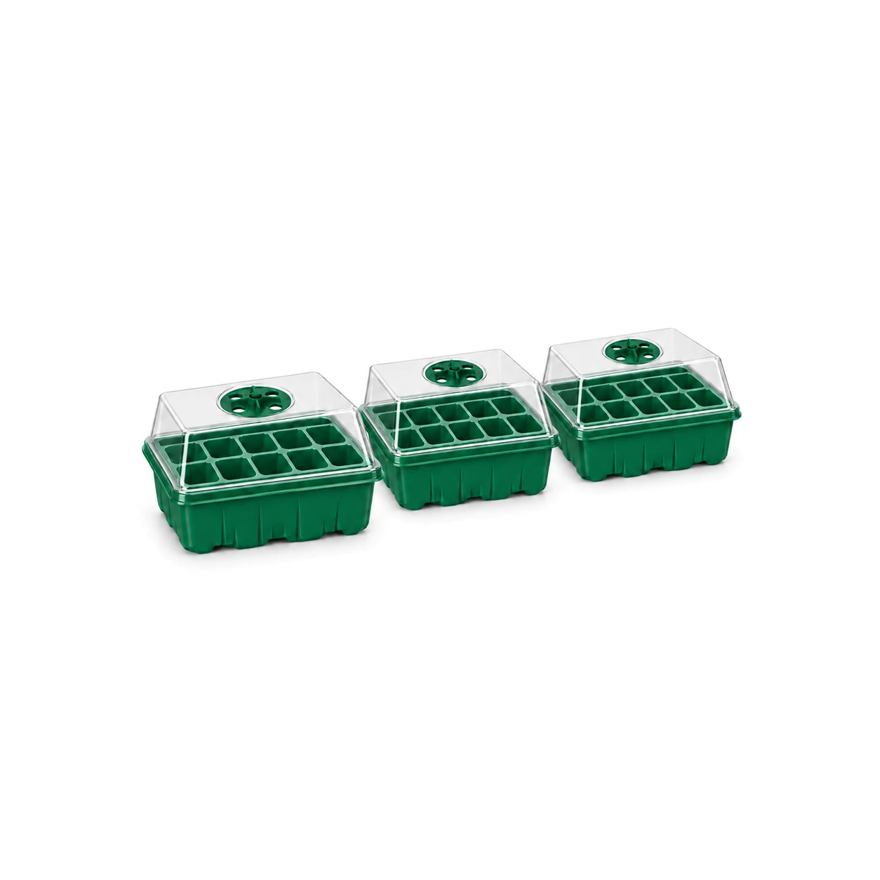 Lot de trois mini serres de germination vertes alignées, dômes transparents posés sur les bacs à dix cellules