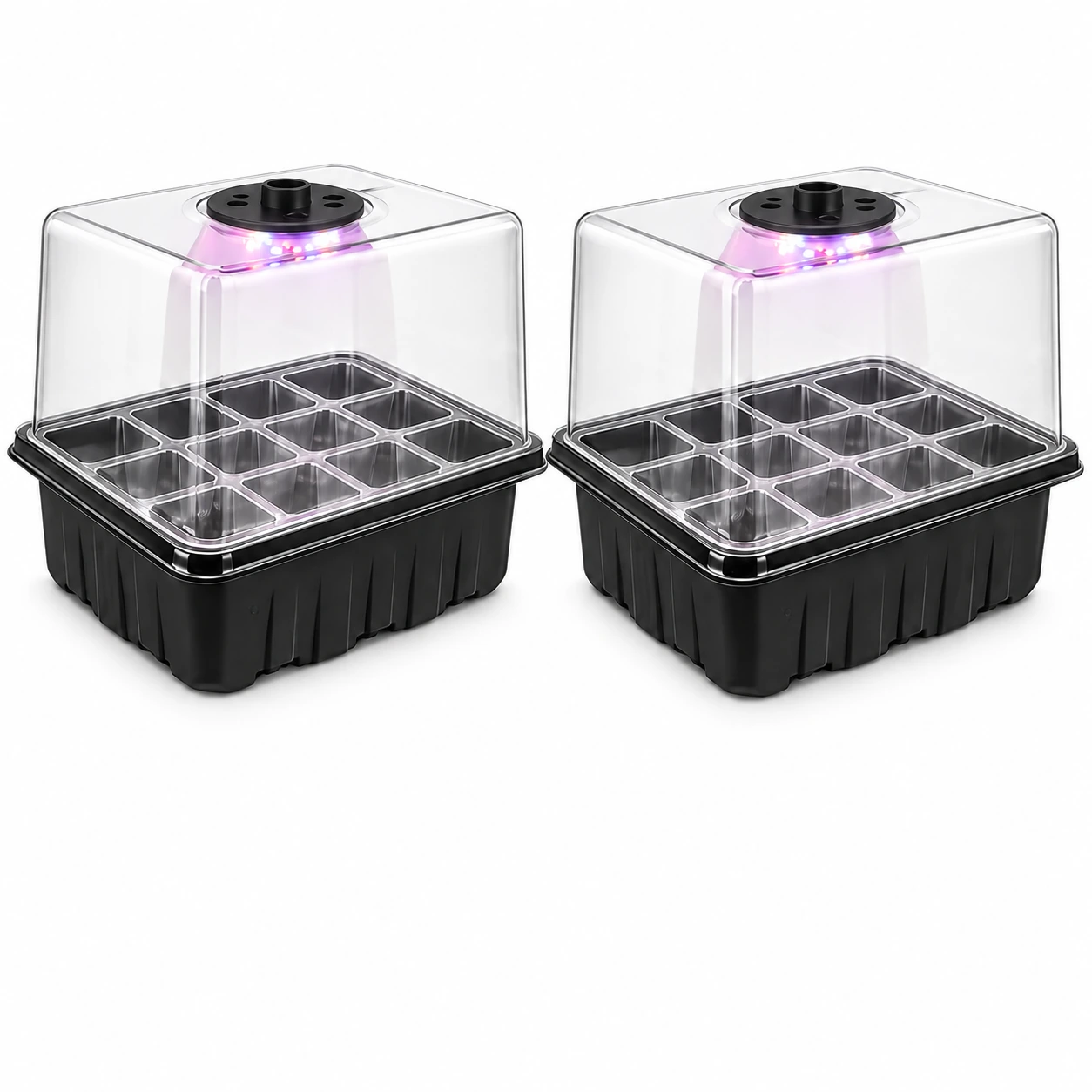Lot noir de deux mini serres pour semis avec dômes transparents et lampes circulaires