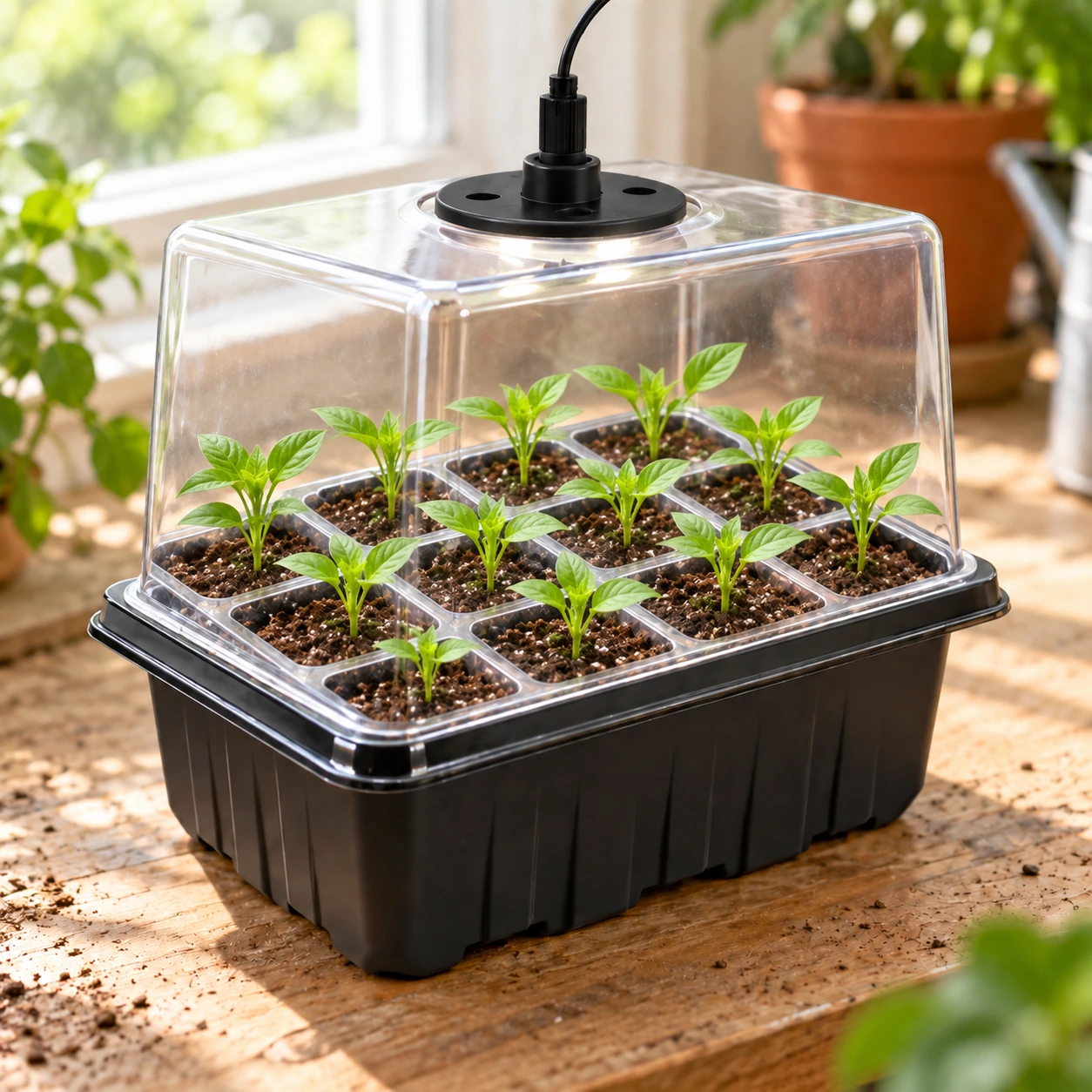 Mini serre éclairée contenant douze jeunes plants sous un dôme transparent haut