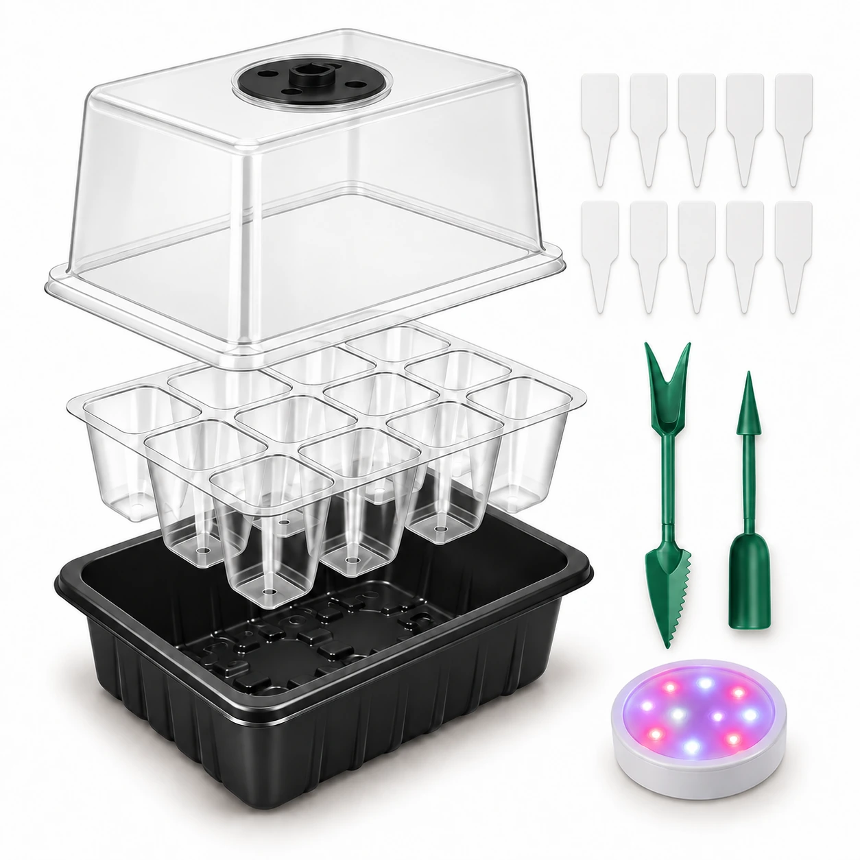 Base noire, plateau à douze cellules, dôme ventilé, étiquettes et outils du lot