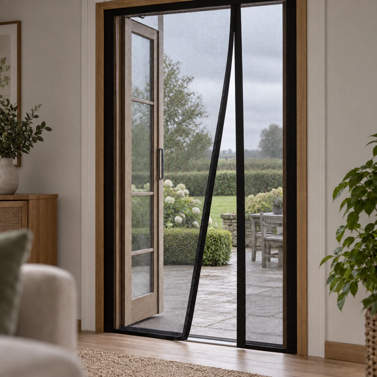 Porte-fenêtre ouverte sur une terrasse, la maille noire semi-transparente laisse voir le jardin