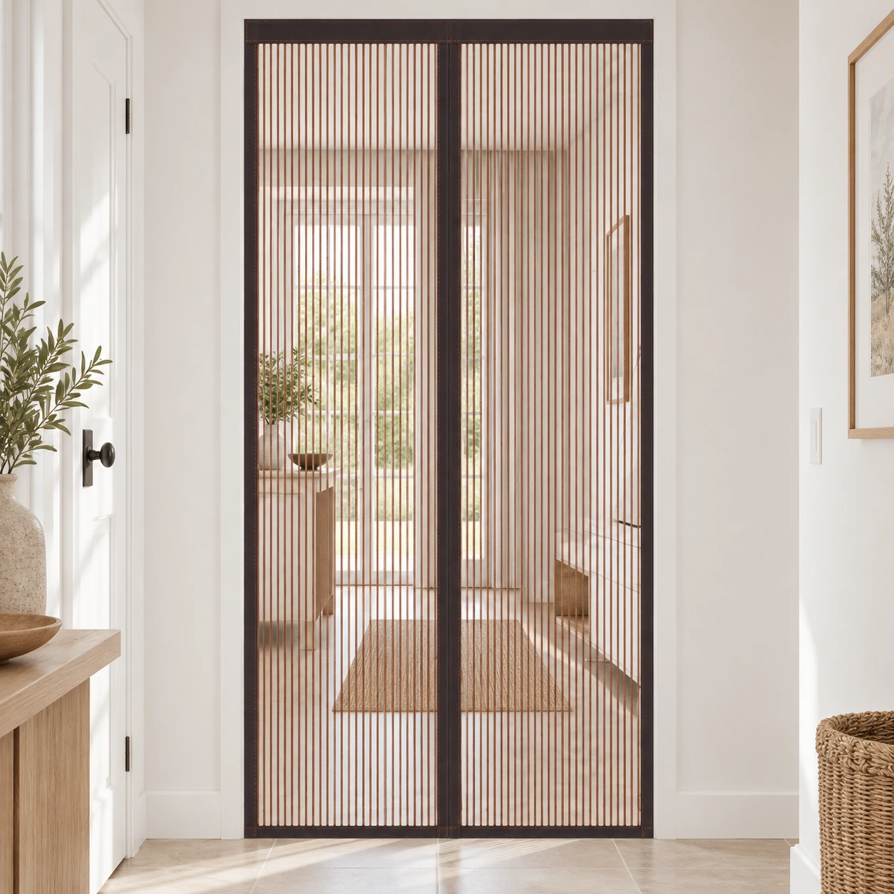 Rideau moustiquaire de porte en maille marron, deux pans joints par les aimants