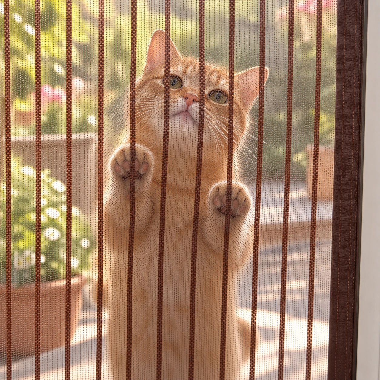 Chat dressé contre la maille de la moustiquaire de porte, devant le jardin