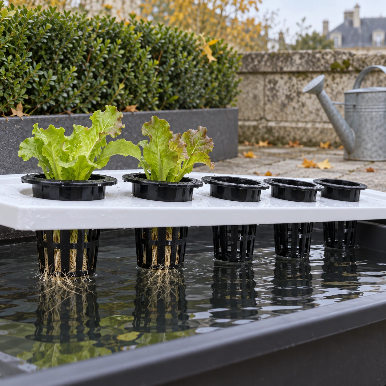 Rangée de paniers de culture noirs dans un bac hydroponique de balcon, jeunes laitues et racines dans l'eau
