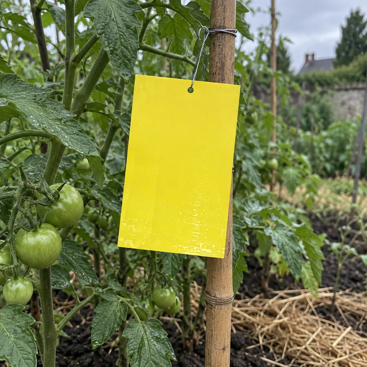 Panneau collant jaune suspendu à un tuteur de tomate dans un potager