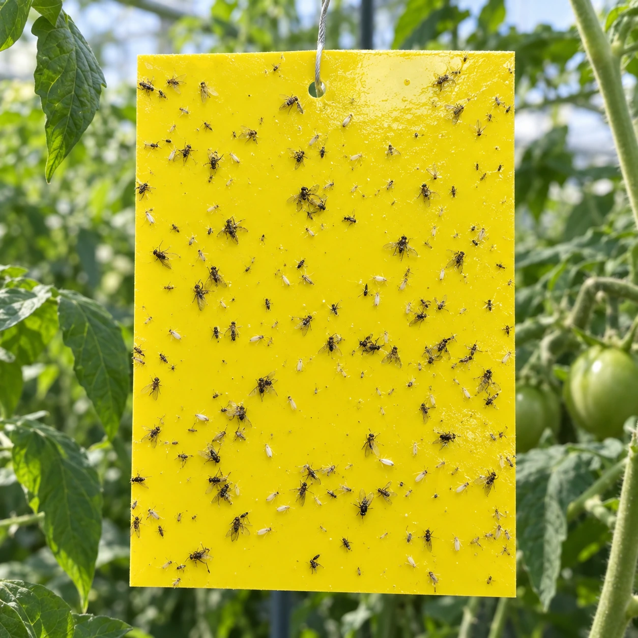 Panneau jaune couvert de moucherons et de mouches blanches en usage réel sur une plante
