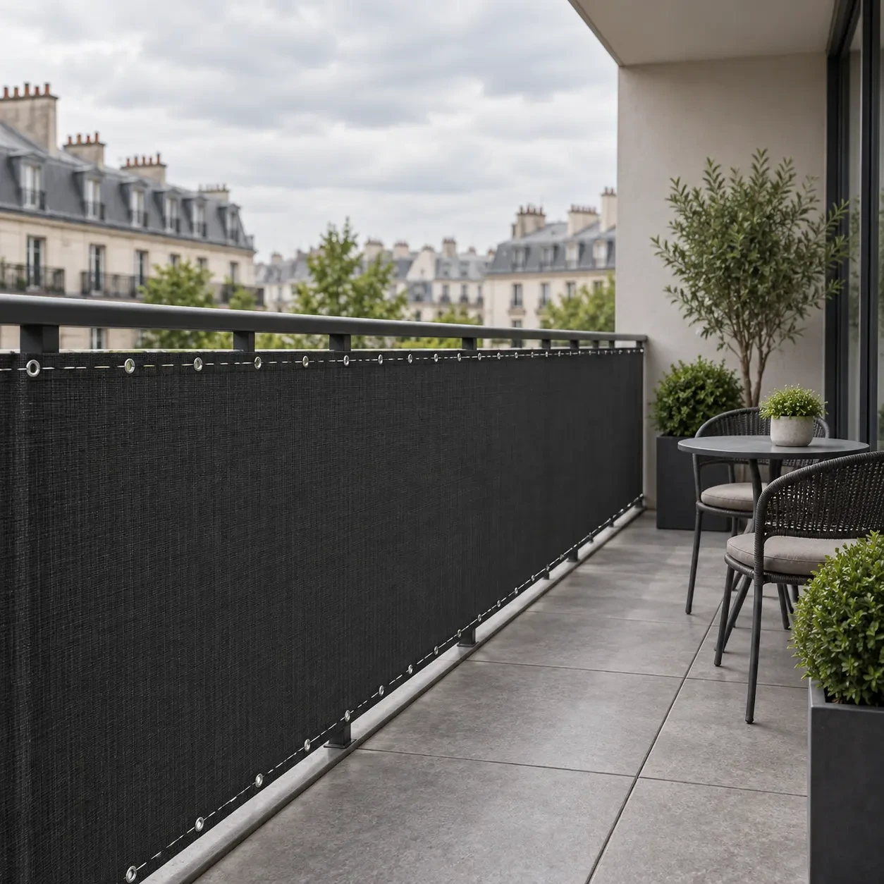 Paravent de balcon anthracite déployé sur le garde-corps d'une terrasse, œillets alignés le long des deux grands bords