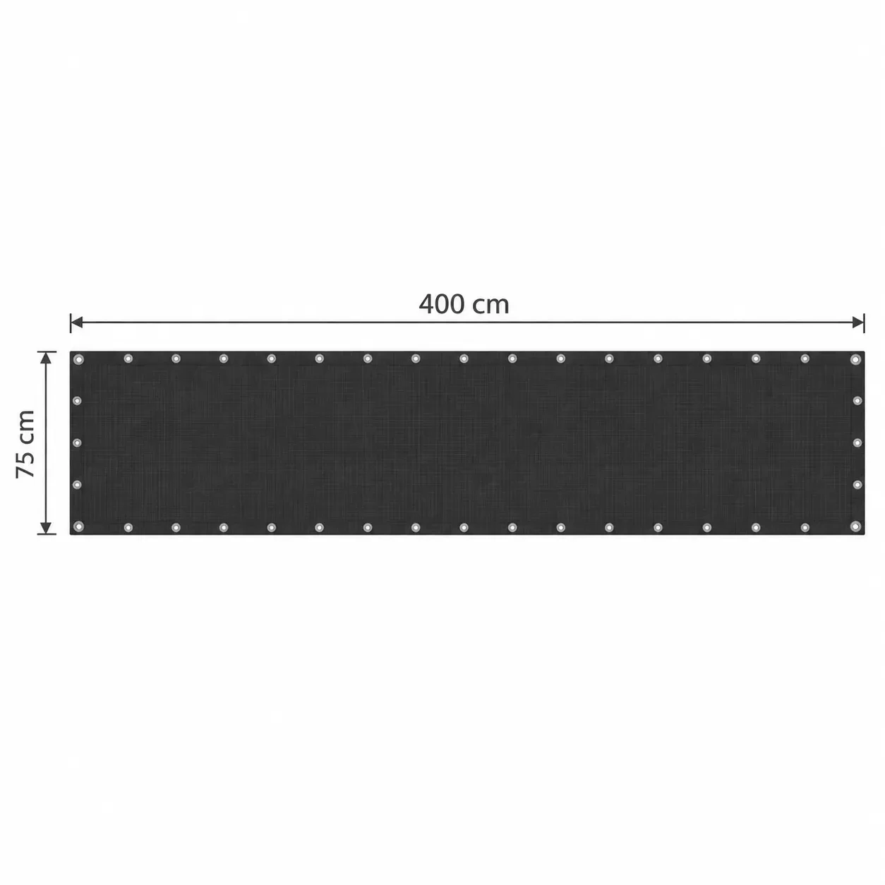 Plan coté du paravent, cotes 75 cm x 400 cm et emplacements des œillets sur les quatre bords