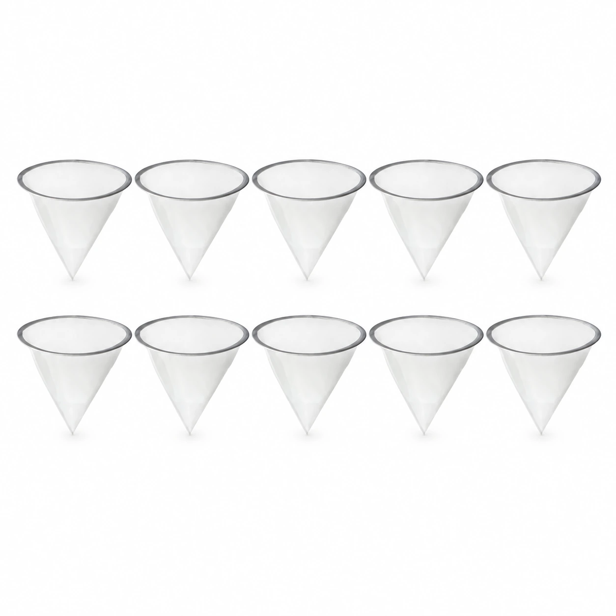 Lot de dix passoires à miel coniques en maille nylon blanc posées à plat
