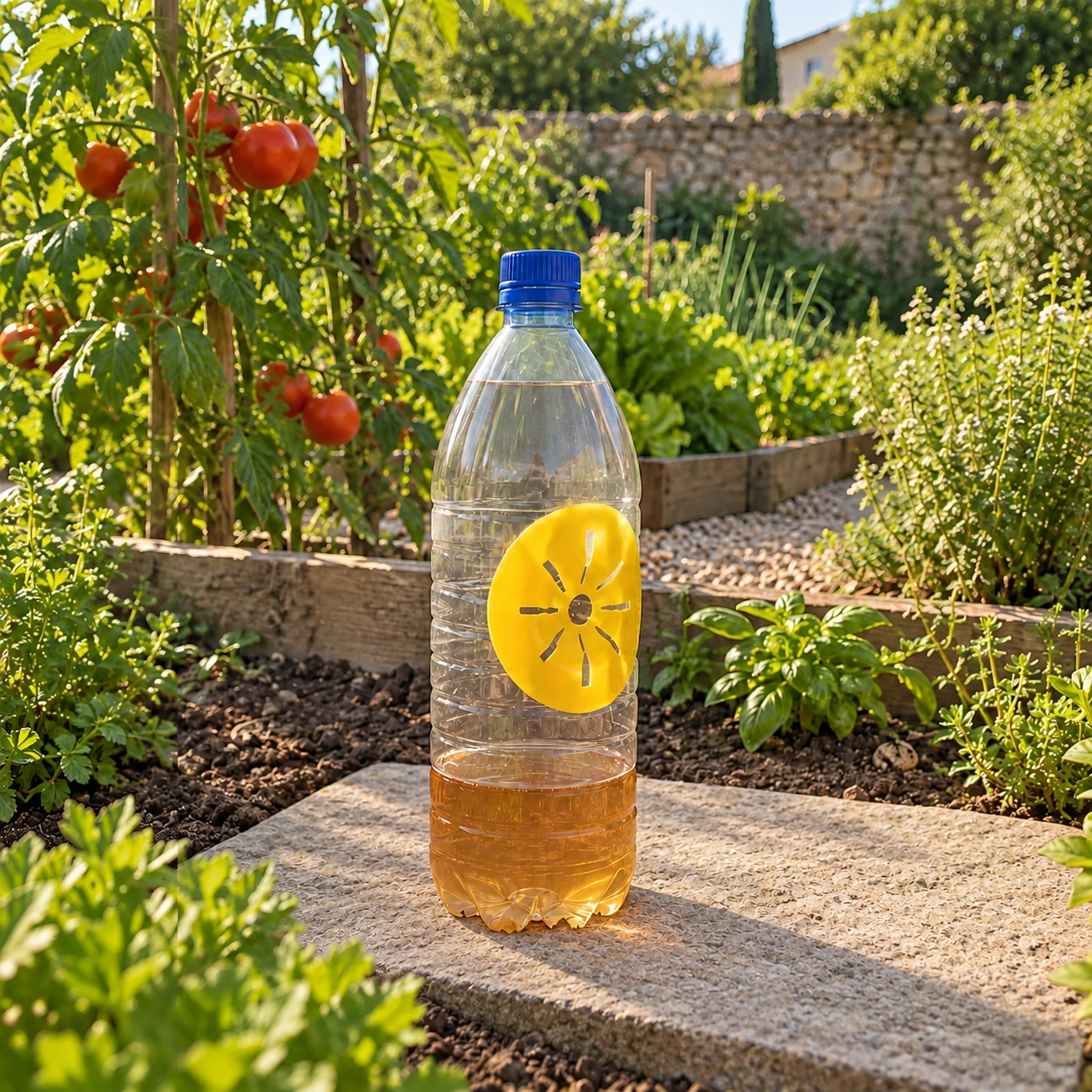 Pièce jaune fixée à plat sur la paroi d'une bouteille plastique transparente