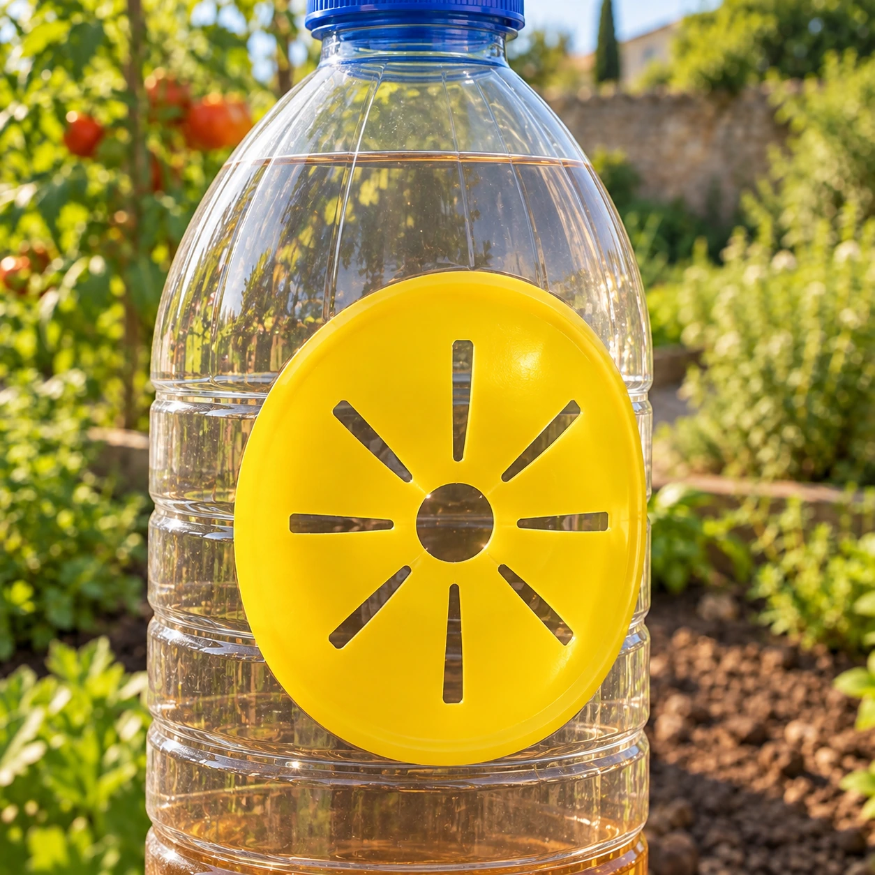 Bouteille équipée de sa pièce jaune, bouchon vissé, posée dans un potager