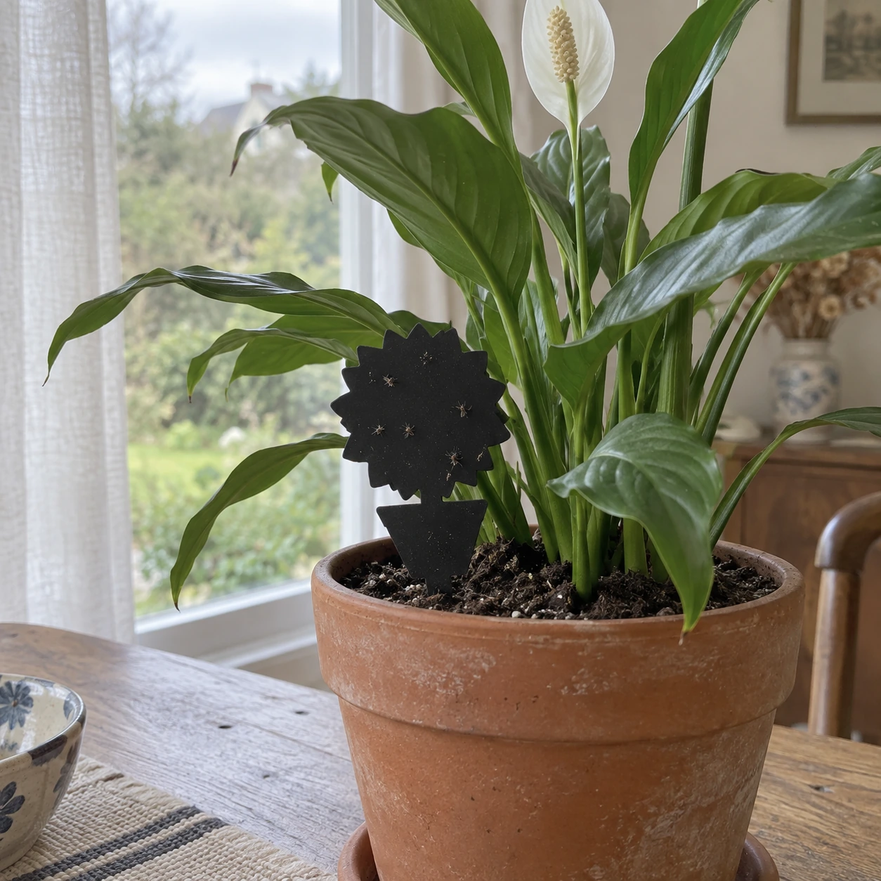 Plaque collante noire tournesol plantée dans le terreau d'un pot de plante verte près d'une fenêtre