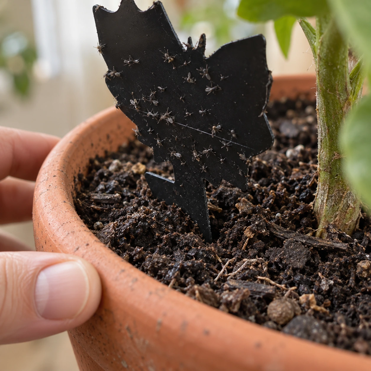 Pic de plantation de la plaque collante noire enfoncé dans le terreau d'un pot en terre cuite