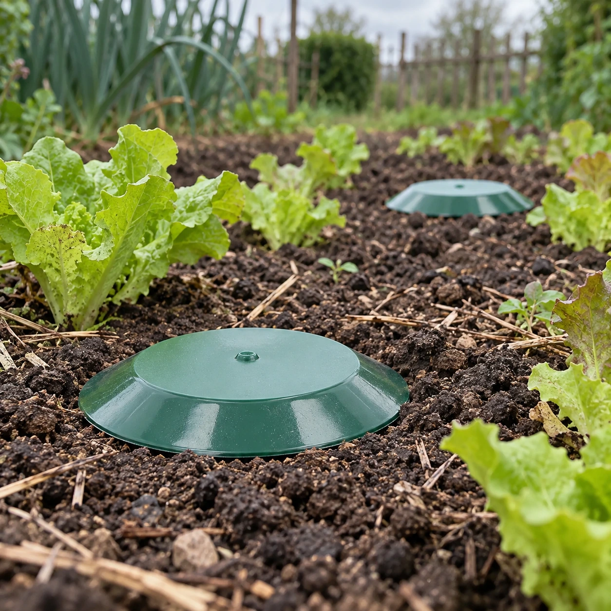 Piège à limaces enterré affleurant le sol dans un potager, à côté de jeunes salades