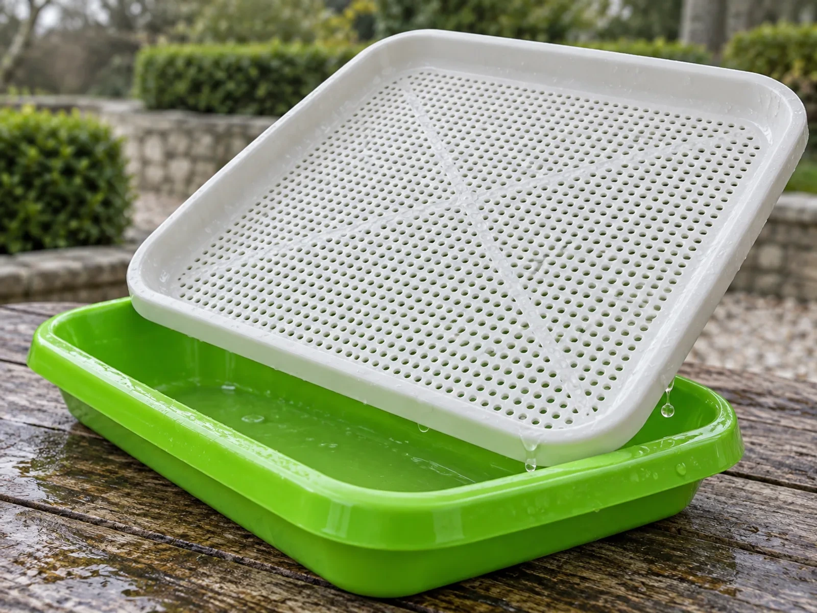 Plateaux verts alignés sur une étagère, garnis d'une couche dense de jeunes pousses
