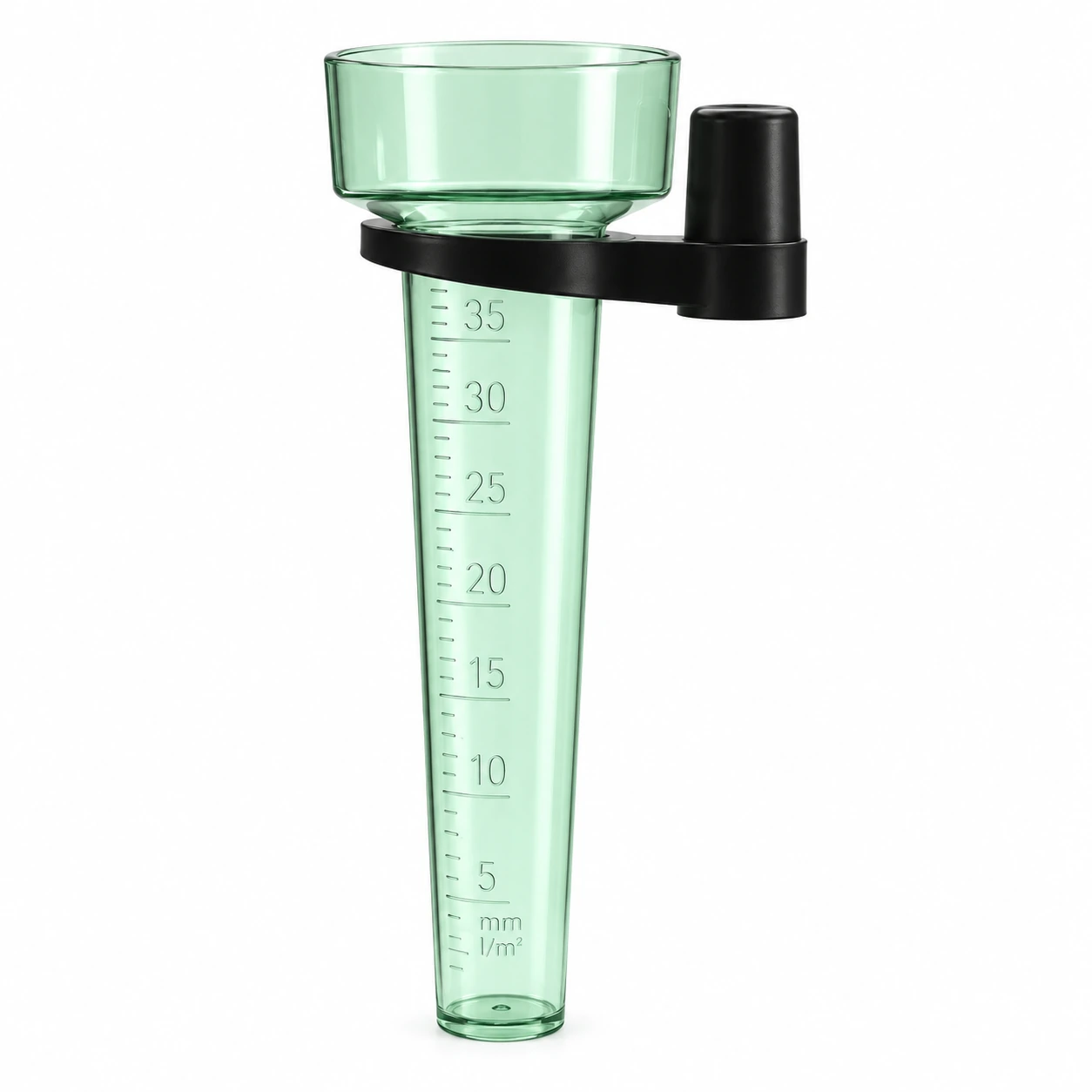 Pluviomètre de jardin en plastique vert clair translucide, gradué de 5 à 35 mm, sur fond blanc