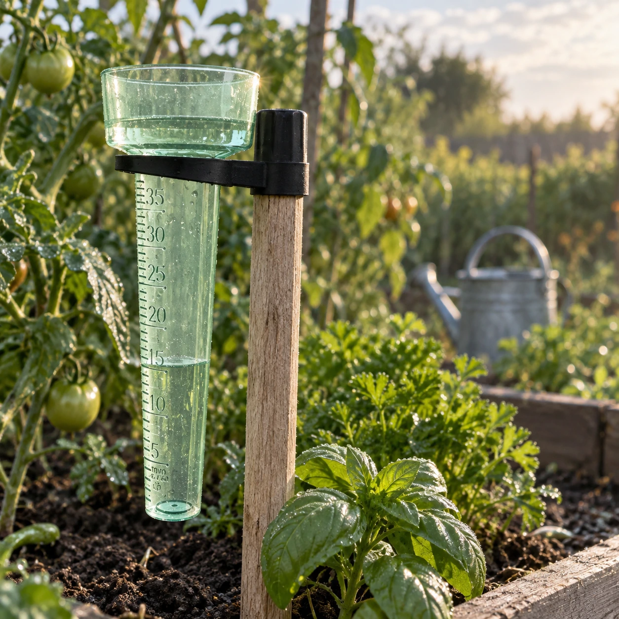 Pluviomètre de jardin fixé sur un piquet en bois dans un potager, graduations lisibles et eau recueillie