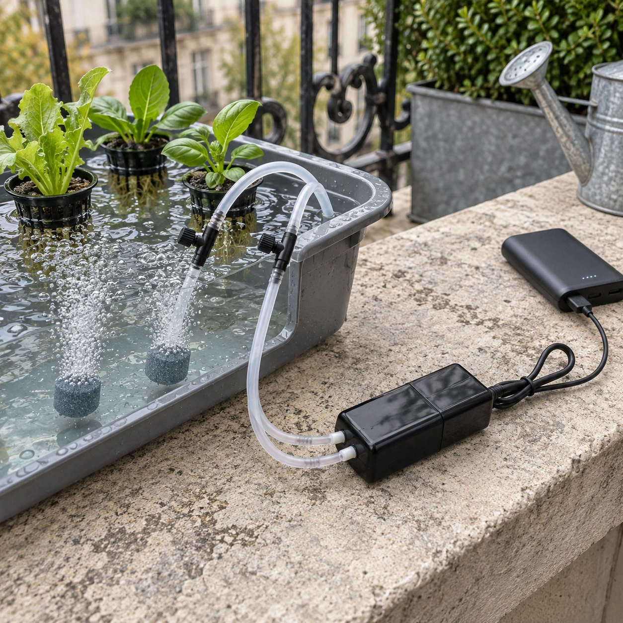 Pompe à air en service sur un balcon, ses deux pierres diffusantes font des bulles dans la réserve d'eau