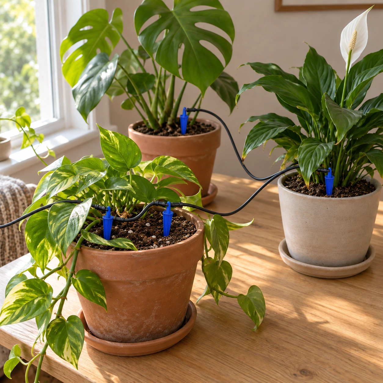 Quatre goutteurs à piquer enfoncés dans le terreau des pots d'une plante d'intérieur