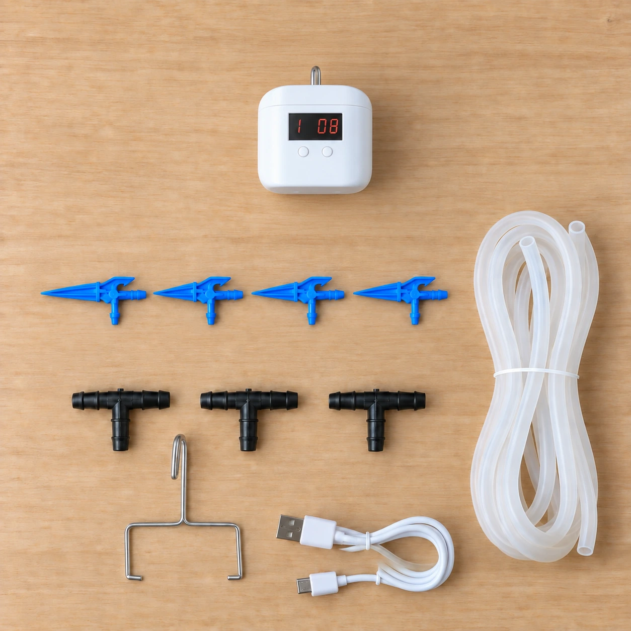 Contenu du colis : boîtier, quatre goutteurs, raccords en T, tuyau silicone, crochet et câble USB