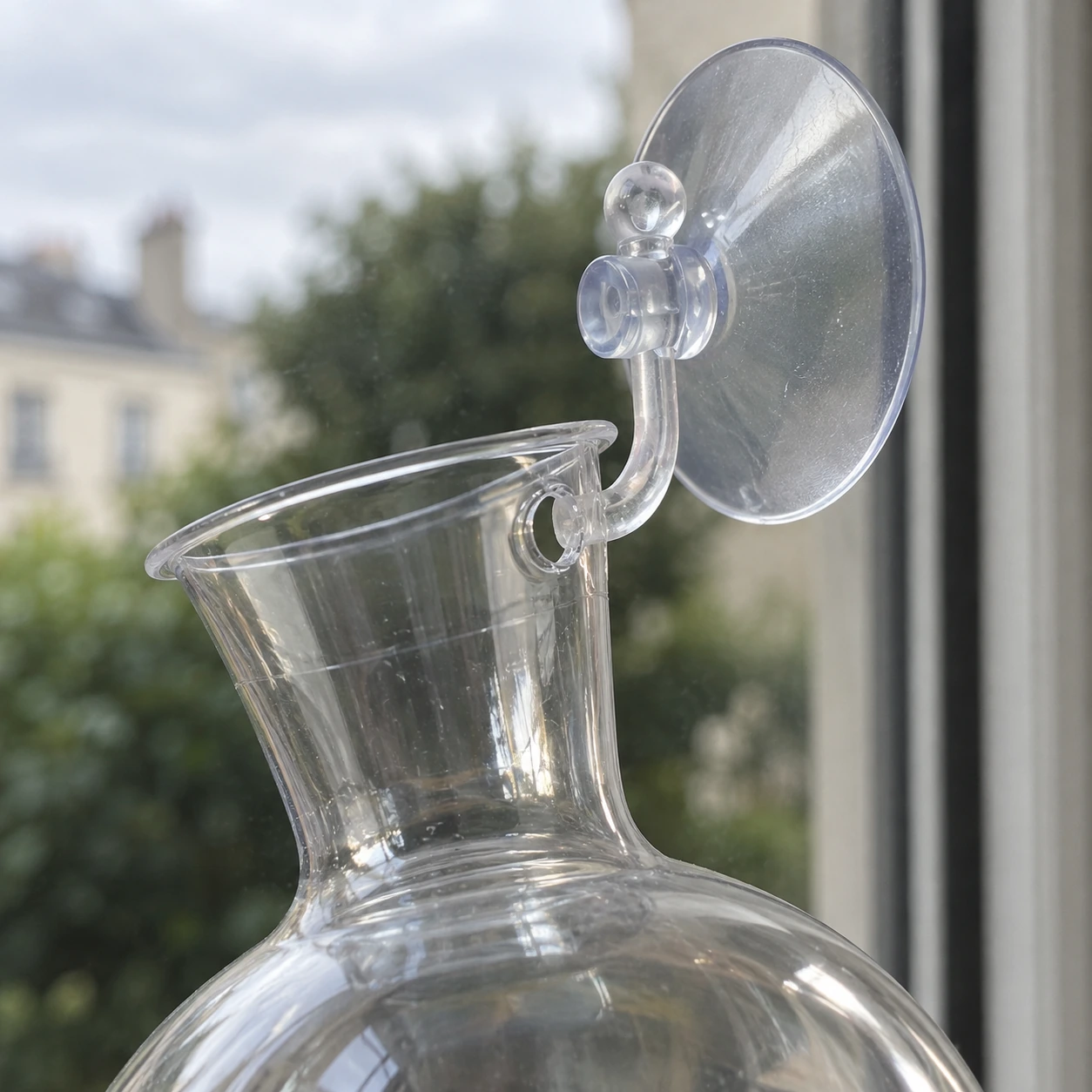 Col du vase et crochet ventouse translucide accroché à l'œilleton, sur une vitre de balcon