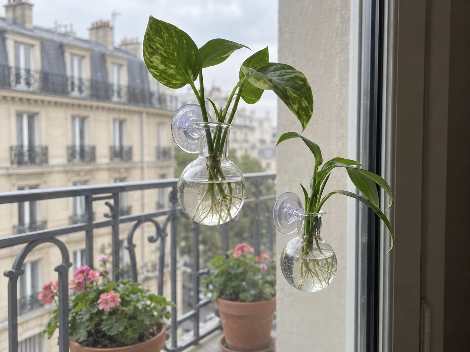 Deux vases muraux suspendus à une vitre de balcon parisien, boutures de pothos dans l'eau