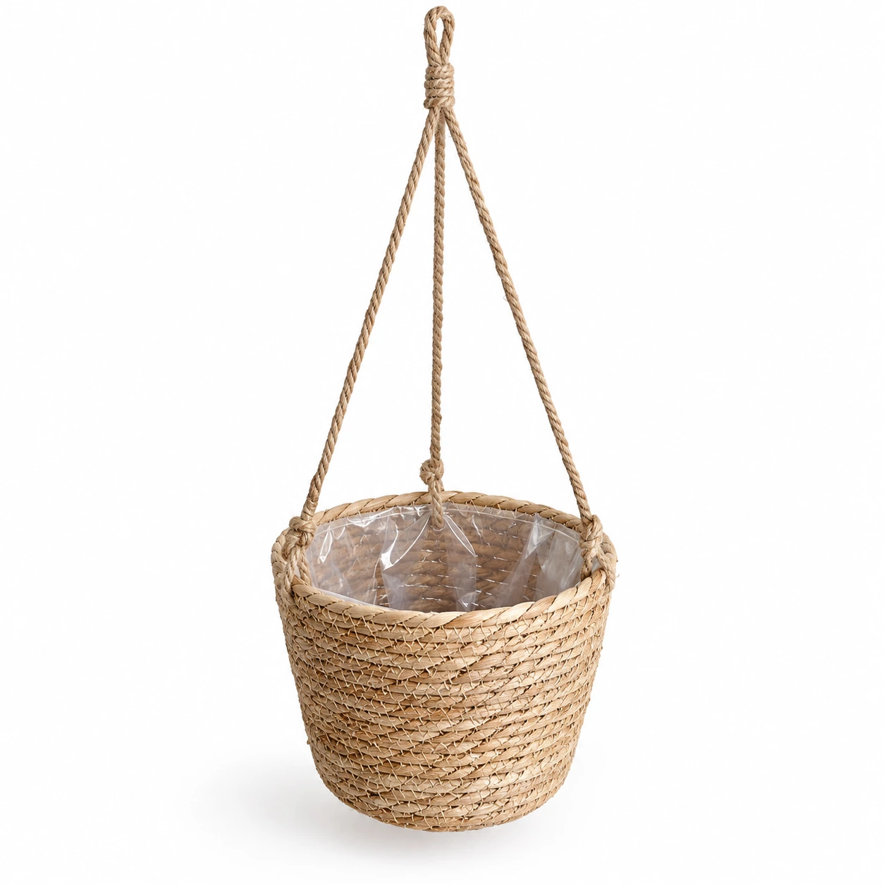 Pot tressé et cordes de suspension sur fond blanc