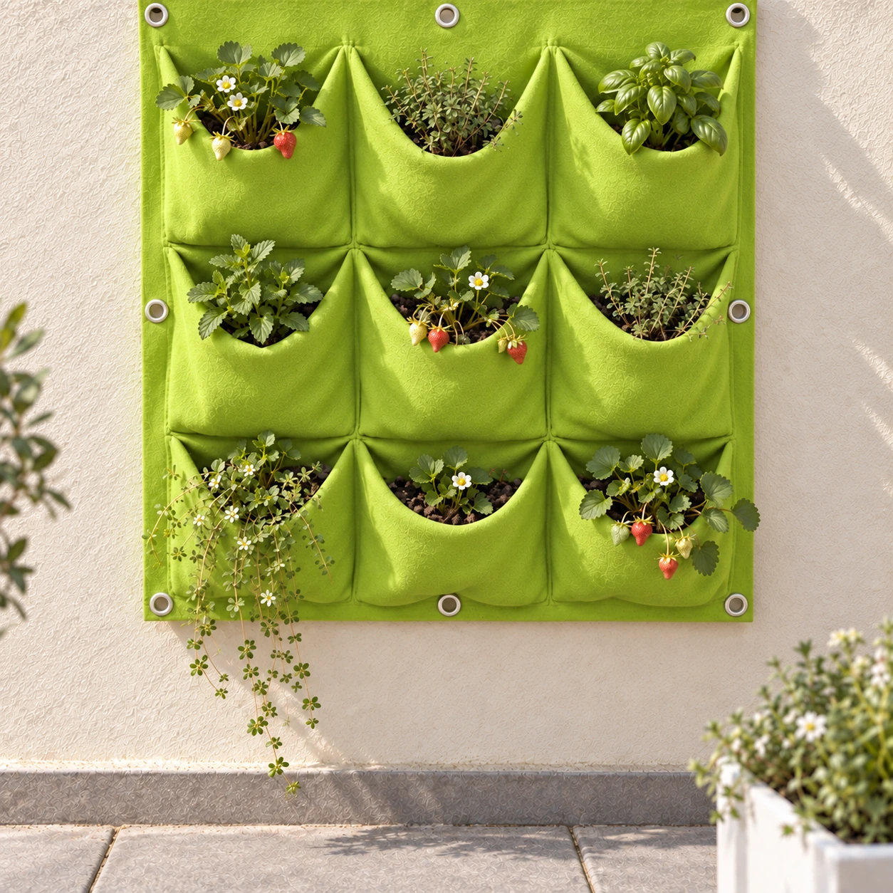 Panneau à pochettes fixé sur un mur de balcon, aromatiques et fraisiers plantés