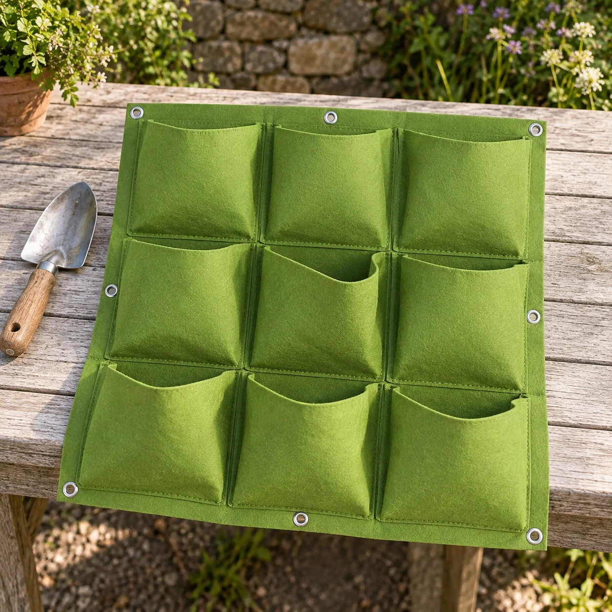 Panneau de feutre vert clair posé sur une table, neuf pochettes et œillets visibles