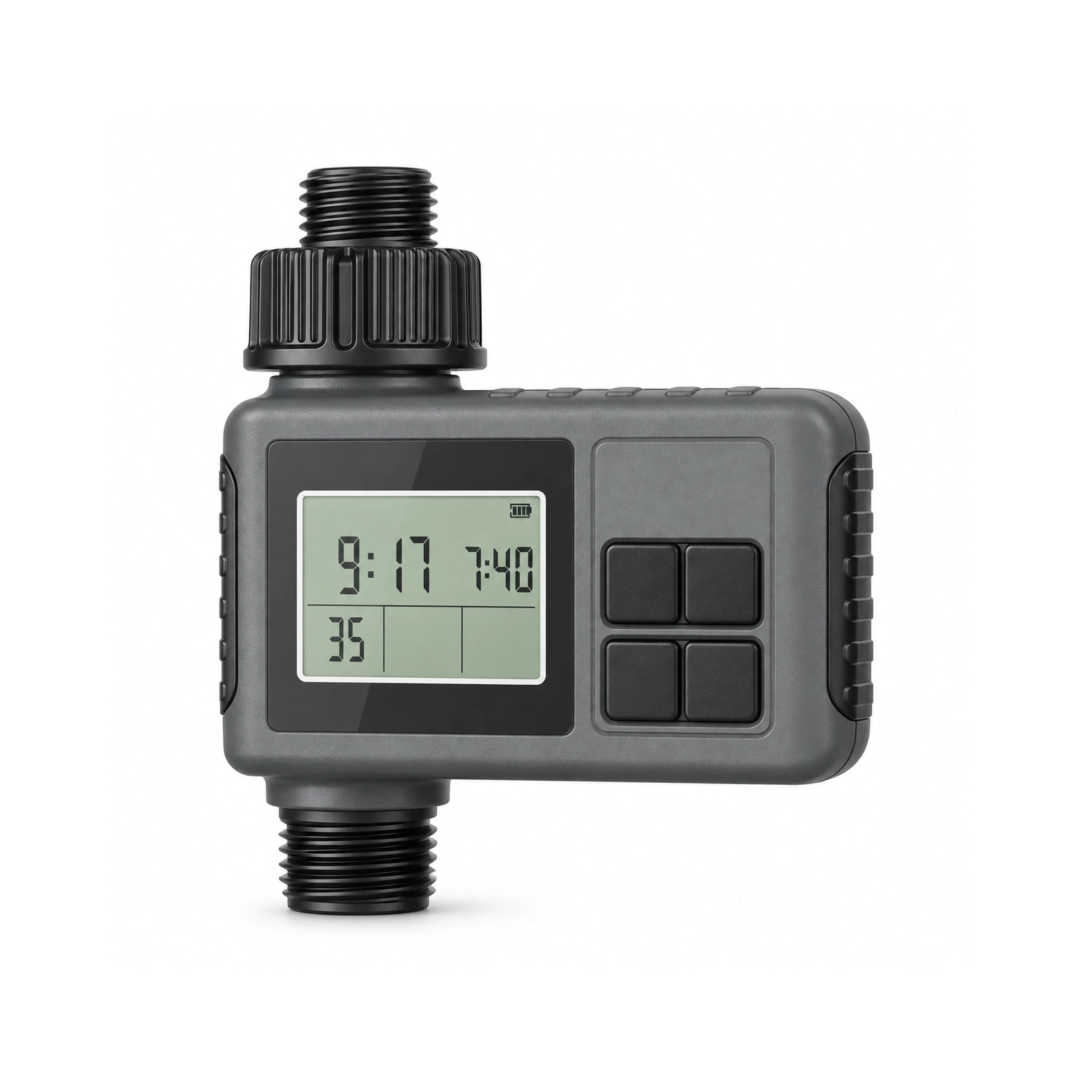 Programmateur d'arrosage à une voie et écran LCD, boîtier anthracite, écrou moleté et filetage noir