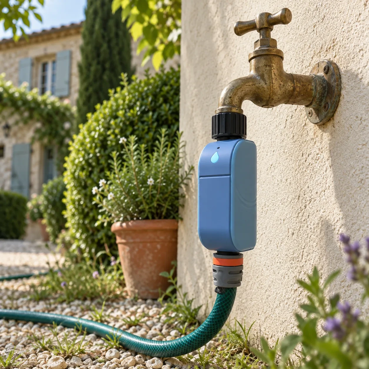 Programmateur d'arrosage connecté bleu installé sur un robinet de façade, dans un jardin provençal