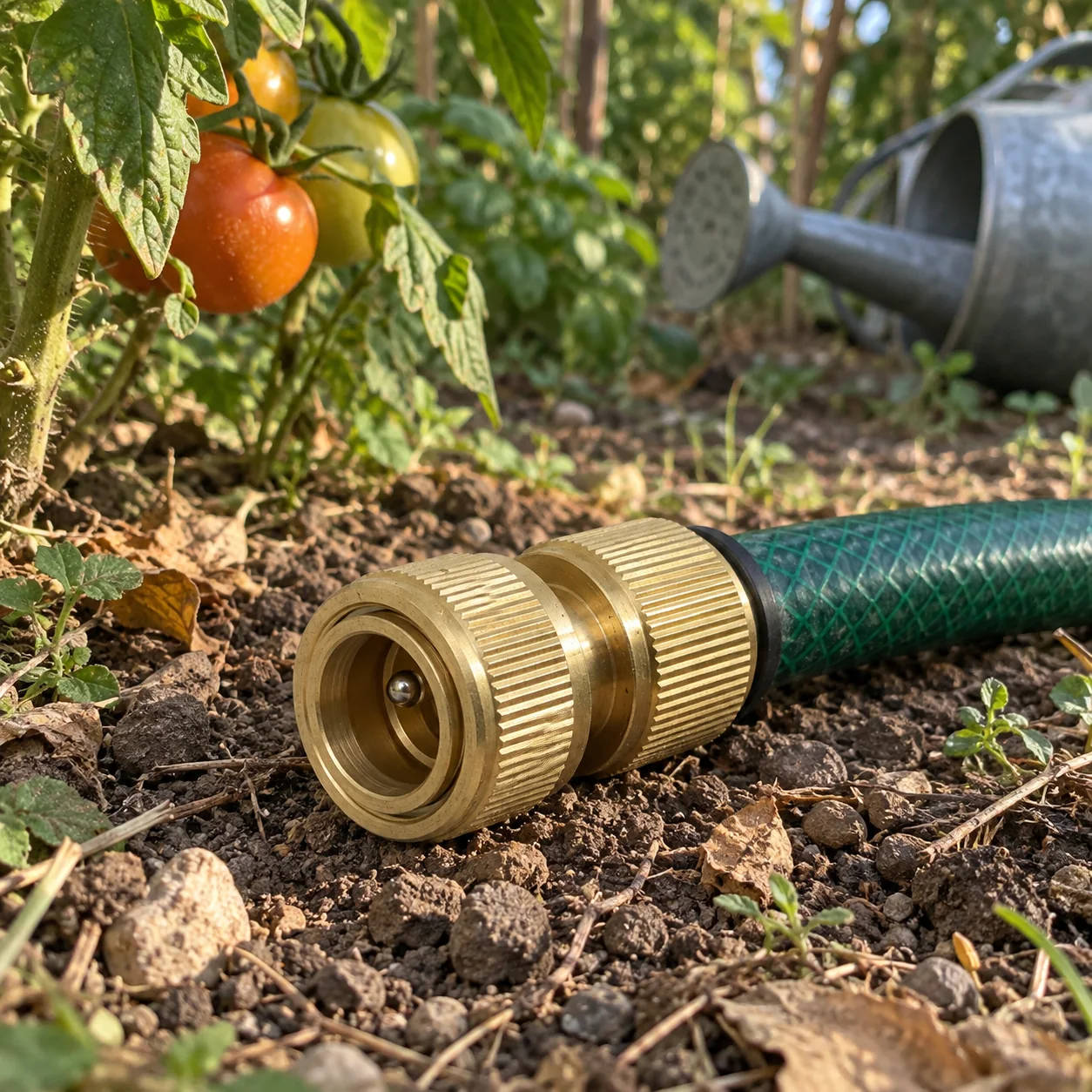 Raccord laiton au bout d'un tuyau d'arrosage vert, posé sur la terre au pied d'un plant de tomates