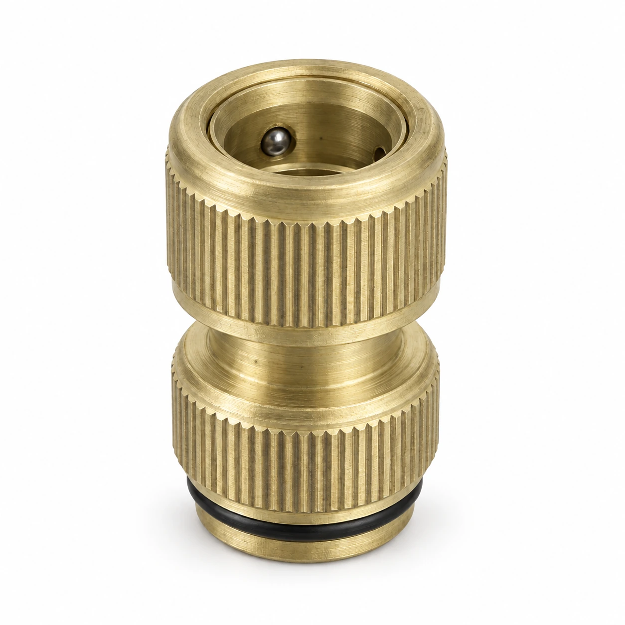 Raccord rapide en laiton avec arrêt d'eau pour tuyau d'arrosage 19 mm, sur fond blanc