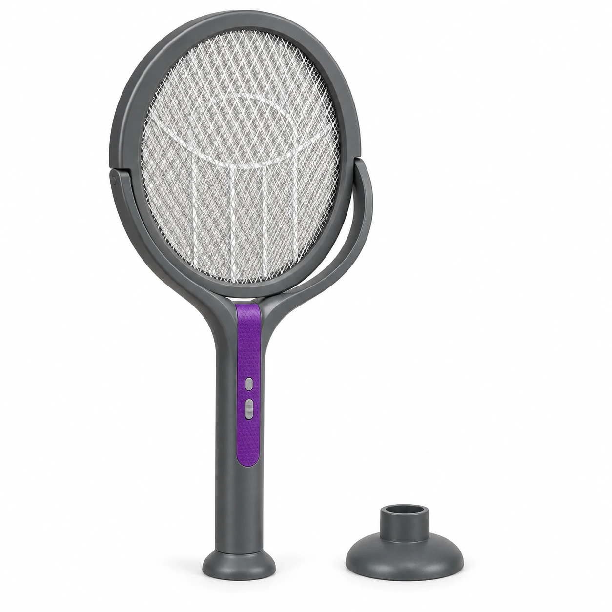 Raquette électrique rechargeable anti moustique gris foncé et violet avec son socle rond sur fond blanc