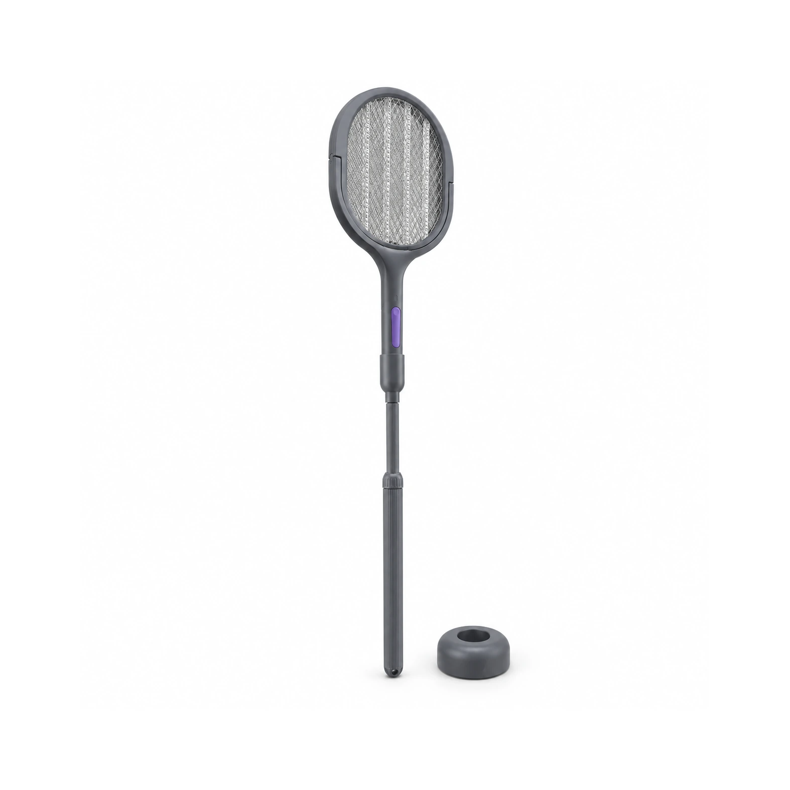 Raquette anti moustique gris foncé avec bouton violet et tête ovale