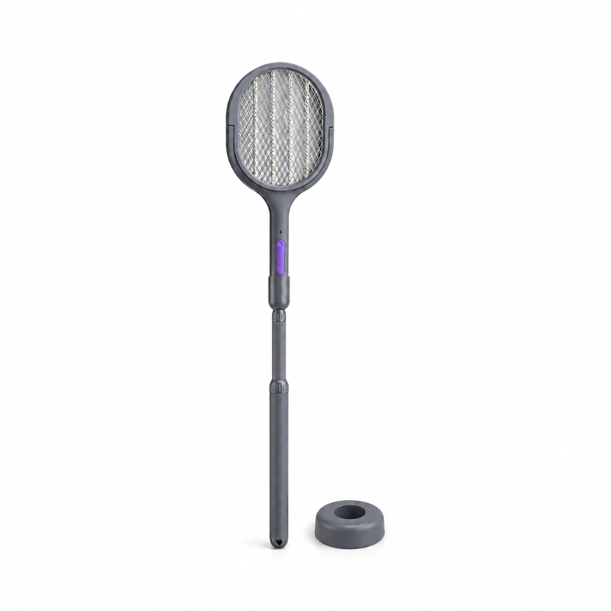 Raquette anti moustique télescopique gris foncé, tête ovale et bouton violet