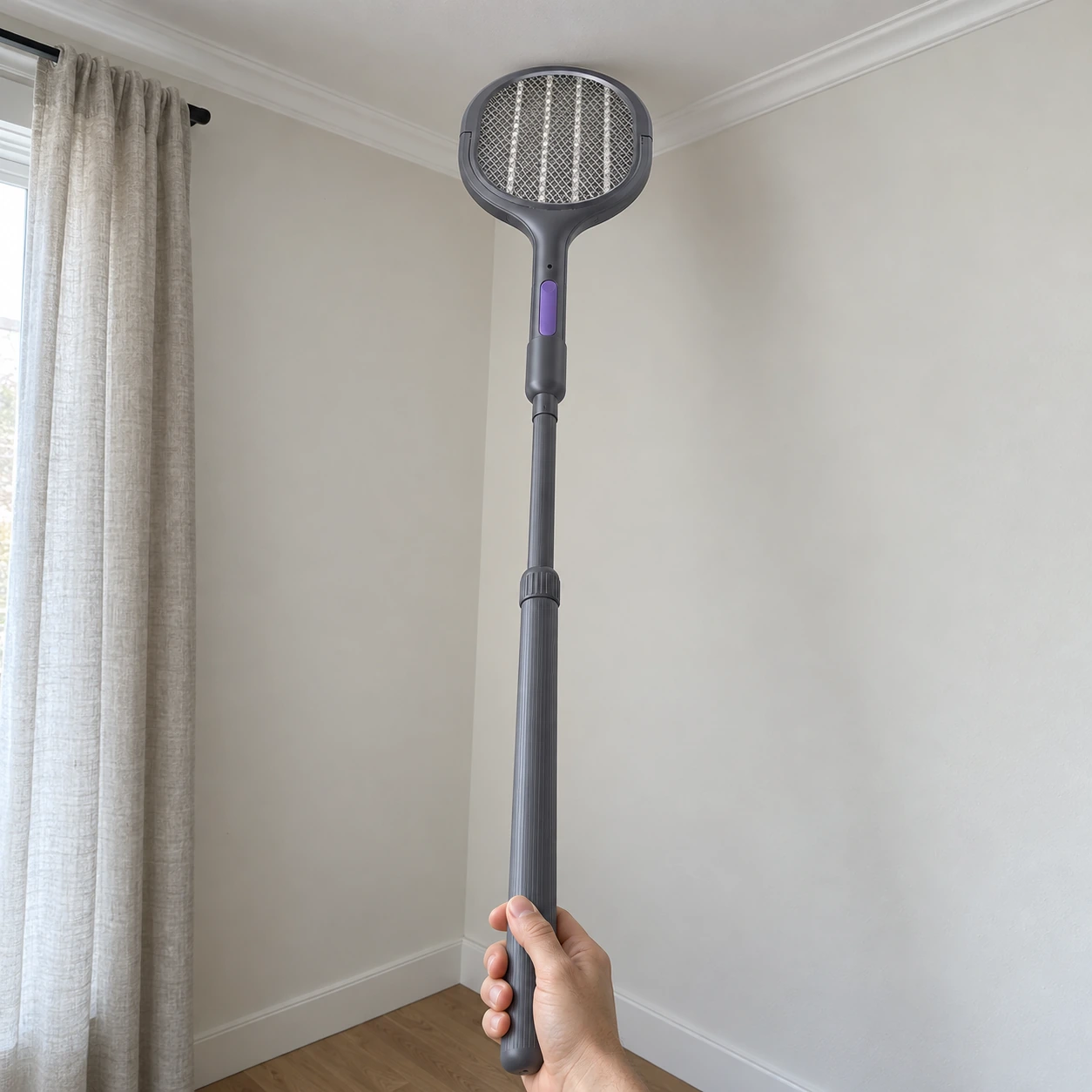 Raquette anti moustique déployée vers un angle de plafond
