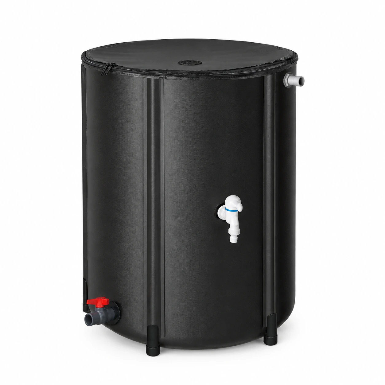 Contenant souple noir de 100 litres monté, posé au sol sur fond blanc, robinet de puisage blanc à collier bleu