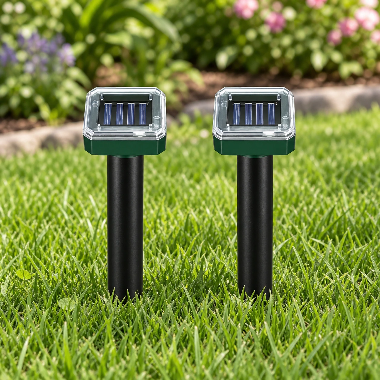 Lot de deux répulsifs taupe solaires plantés sur une pelouse, boîtier au-dessus du gazon