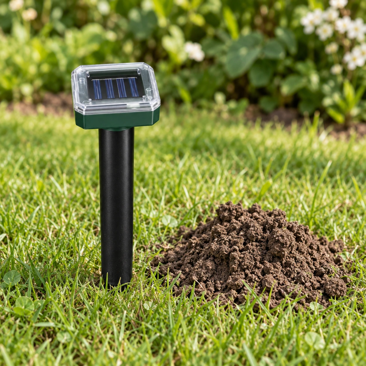 Un des deux piquets répulsifs planté près d'une taupinière fraîche, boîtier au-dessus de l'herbe
