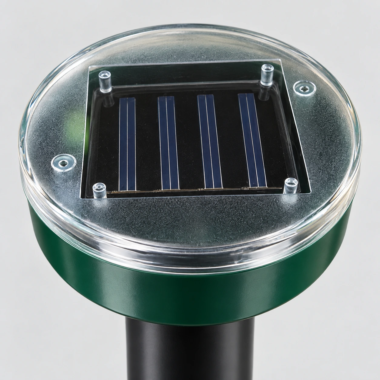 Gros plan du panneau solaire logé sur la tête verte du piquet répulsif