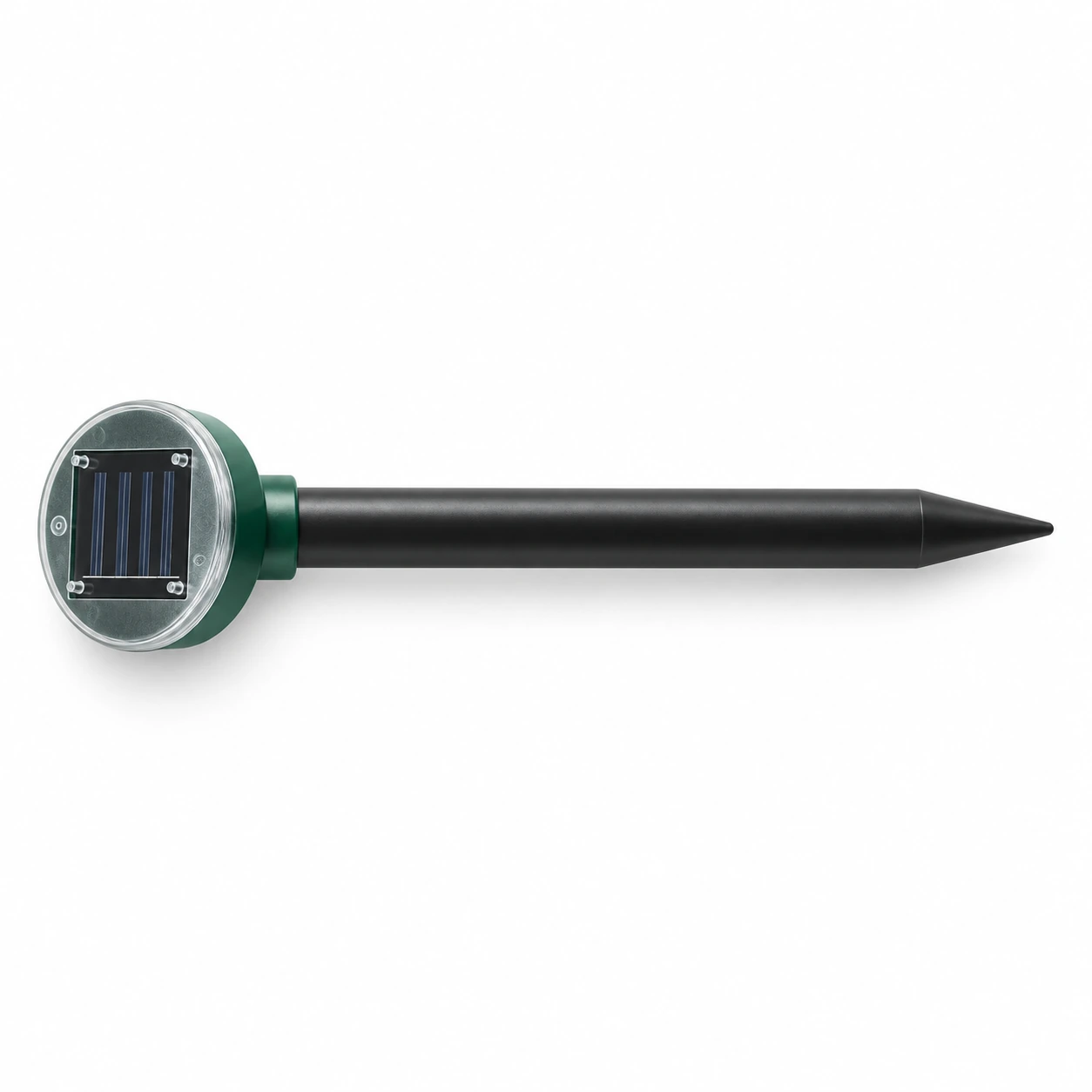 Contenu du colis, un piquet répulsif solaire noir et vert prêt à planter, sur fond blanc