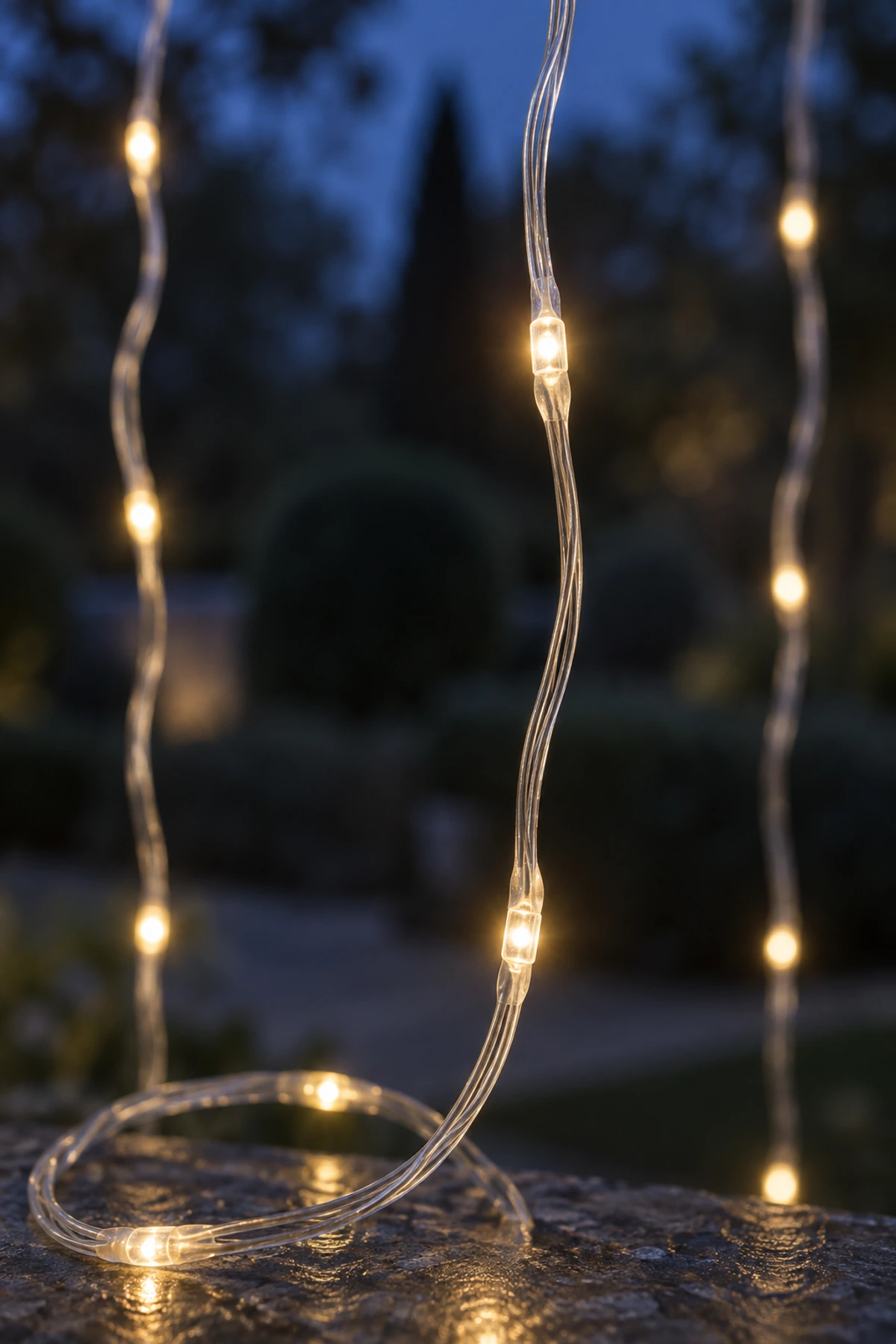 Fil transparent du rideau lumineux solaire et ses LED blanc chaud allumées, vus de près