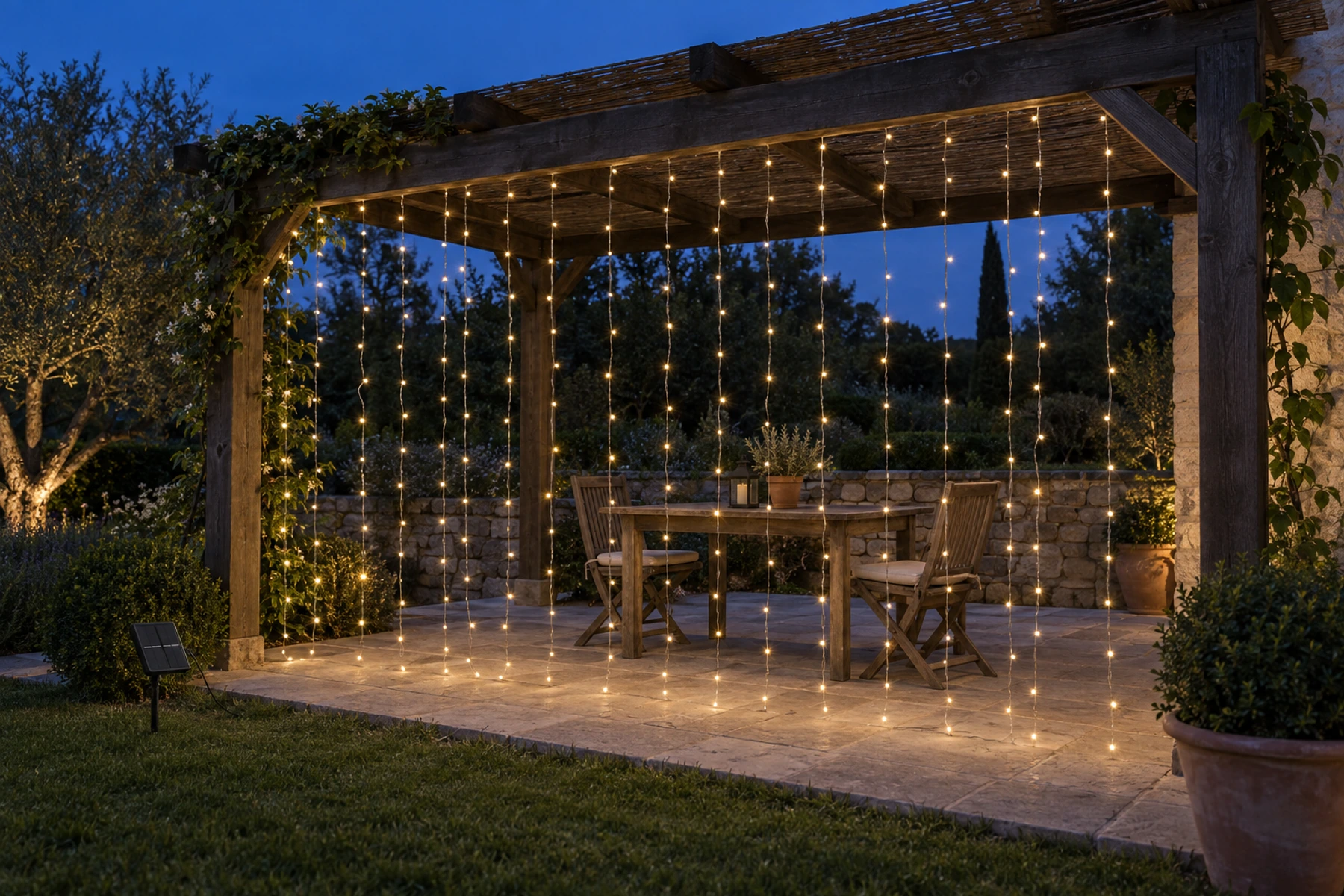 Rideau lumineux solaire suspendu sous une pergola en bois, allumé à la tombée du jour