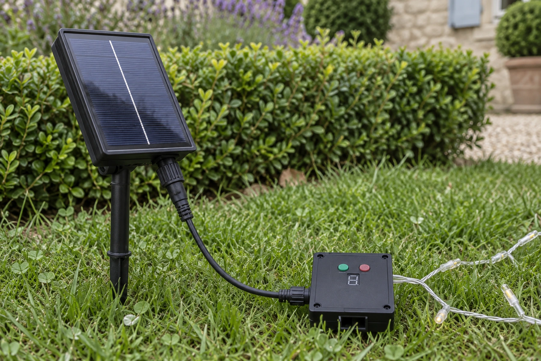Panneau solaire sur piquet et boîtier de commande noirs dans la pelouse, câble relié au rideau