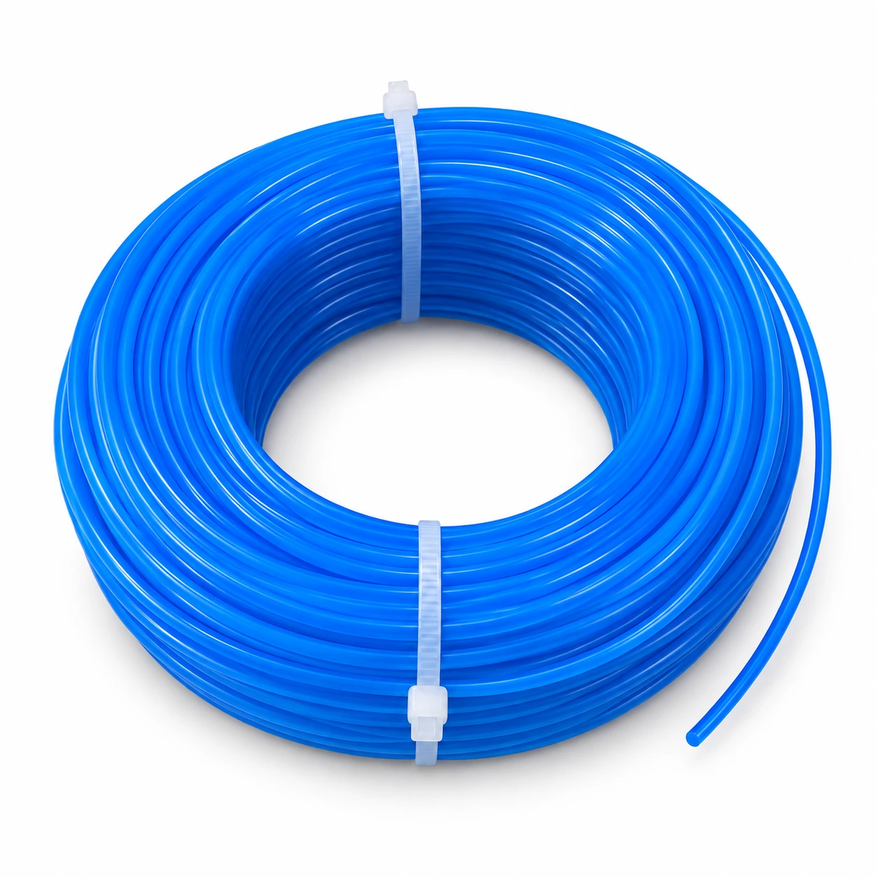 Rouleau de 100 m de fil nylon rond bleu, spires maintenues par deux colliers blancs