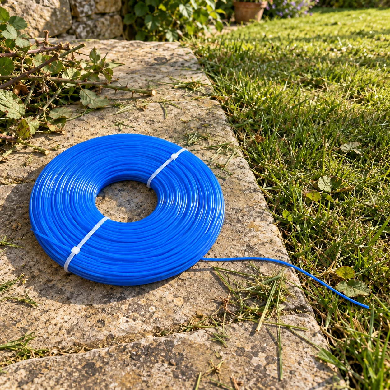 Le fil bleu déroulé près de la bobine sur une dalle, après le taille des ronces