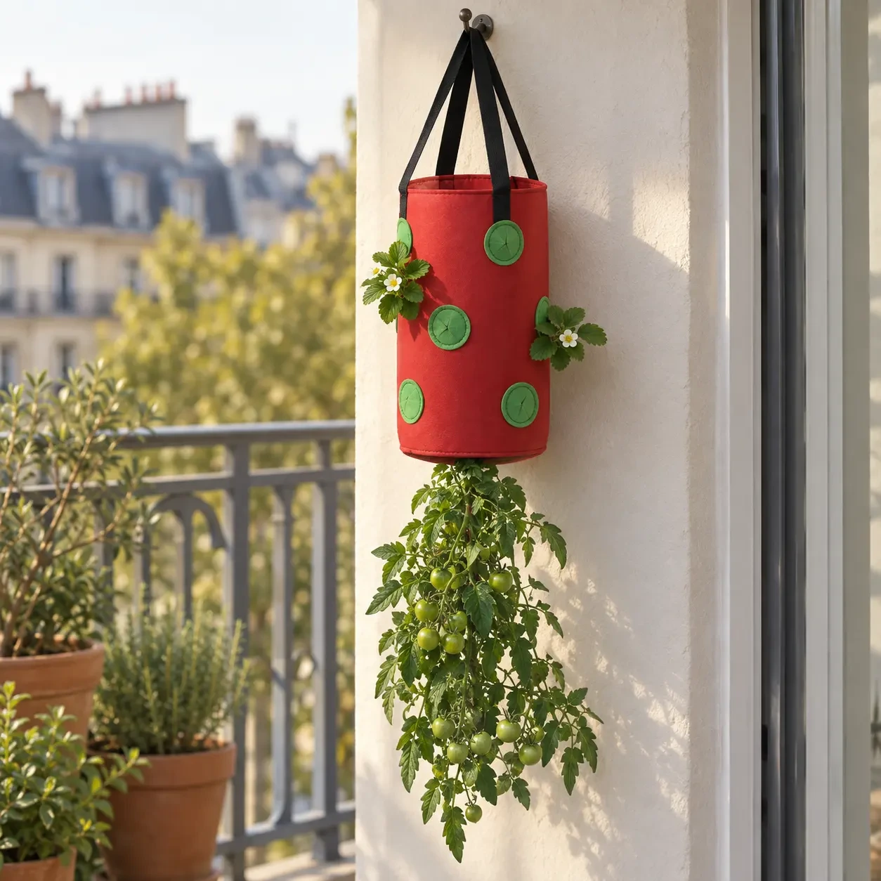 Le sac suspendu à un mur de balcon, plant de tomate descendu sous le fond ouvert
