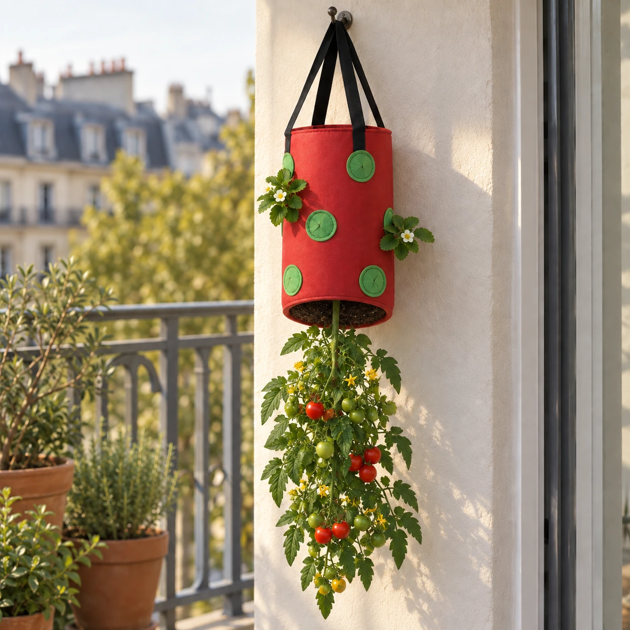 Le sac rouge suspendu à un mur de balcon, fond ouvert rempli de terreau et plant de tomate descendu sous le sac